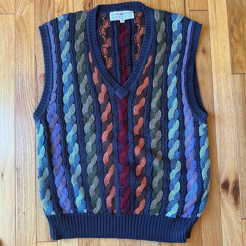 Peruvian Connection Multicolor Cable Knit V-Neck Sweater Vest